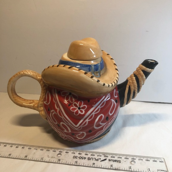 Unique Porcelain Cowboy Coffee Pot Red Bandana Whimsical China Teapot - Picture 6 of 11